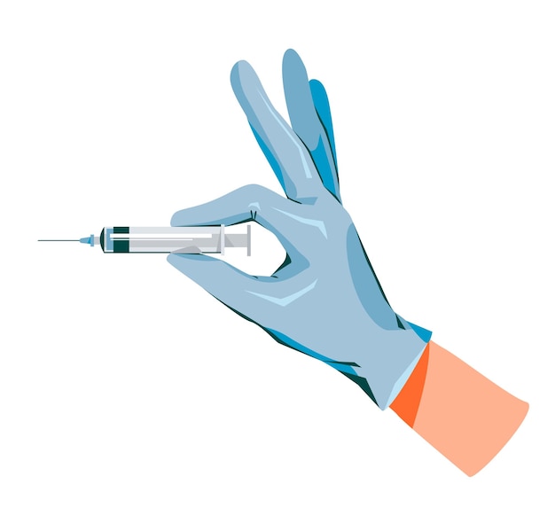 世界予防接種注射器を持つ手ワクチンと注射器漫画ベクトル フラット イラスト