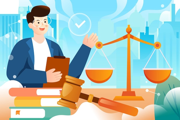 World Intellectual Property Day with fair scales and gavel in the background vector illustration