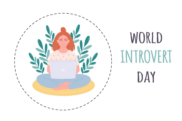 세계 내성의 날. 노트북으로 앉아 여자입니다. 개인 공간 개념. 내향적인 작업 공간