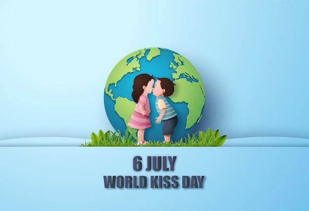 Vector world kiss day. boy and girl kissing. paper collage and paper cut style with digital craft .