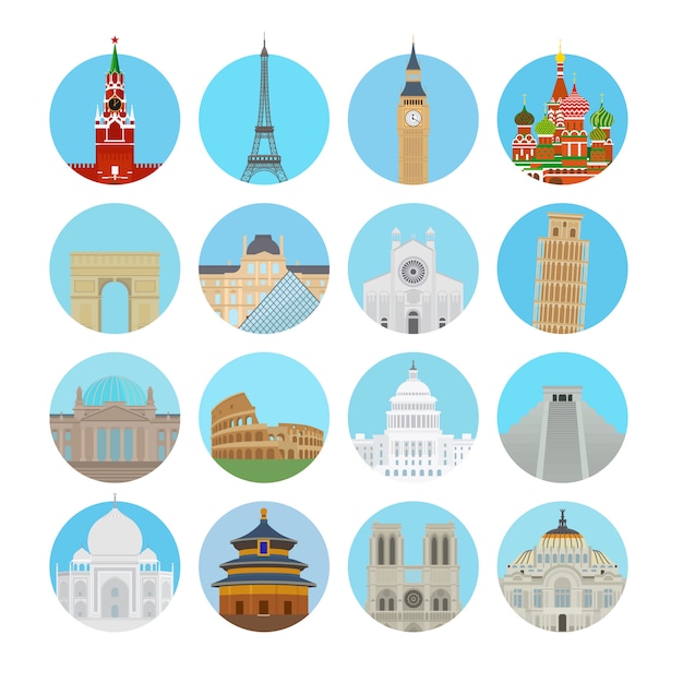 World landmarks icons in modern flat style