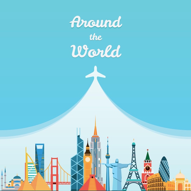 World landmarks. travel and tourism background. vector flat illustration