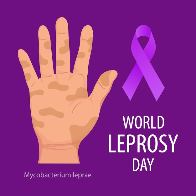 World leprosy day. banner with sick hand and a purple ribbon, a symbol of the fight against leprosy