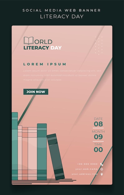 Vector world literacy day with simple bookshelf in pink background for online campaign design