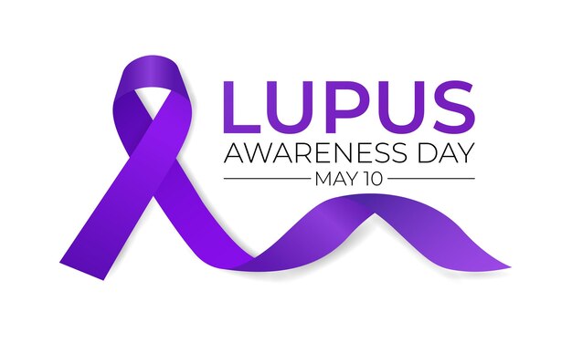 세계 루푸스 날 (World Lupus Day) - 5월 10일 - 세계 지도 배경에 보라색 리본을 찍은 포스터 플라이어