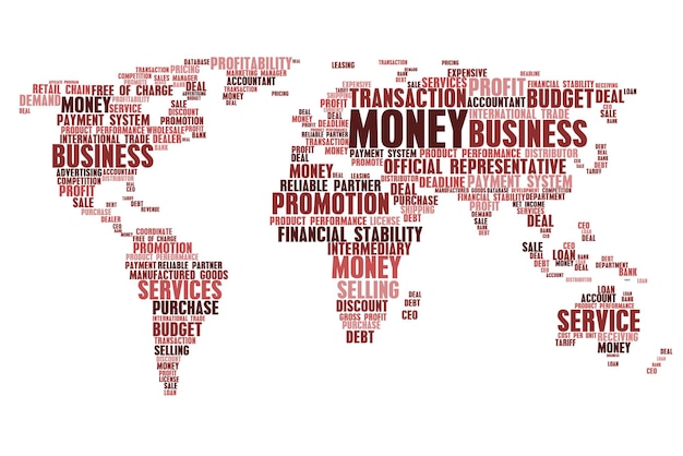 Vettore mappa mondiale dei tag cloud di parole aziendali