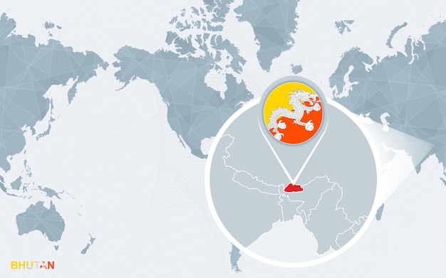 World map centered on America with magnified Bhutan