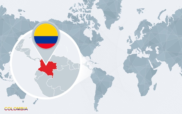 World map centered on America with magnified Colombia