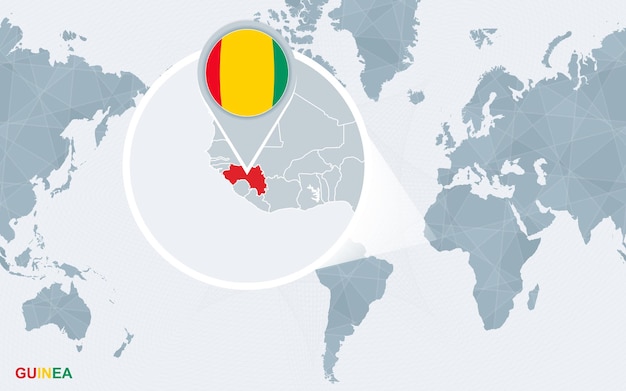 World map centered on America with magnified Guinea