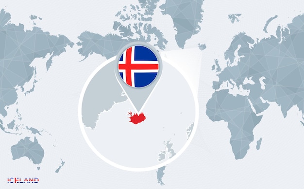 확대된 아이슬란드가 있는 미국을 중심으로 한 세계 지도