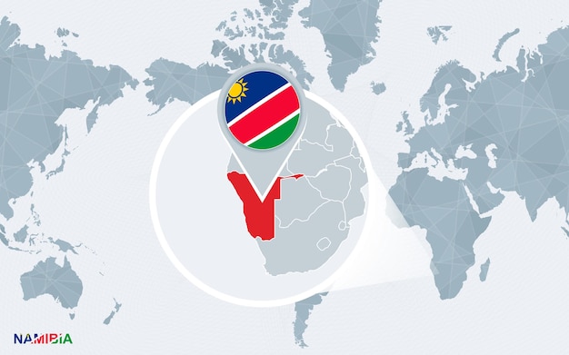 World map centered on America with magnified Namibia