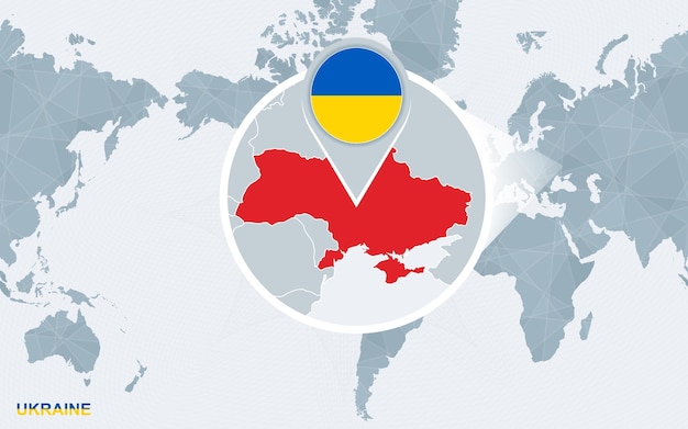 World map centered on America with magnified Ukraine