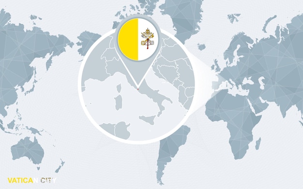 World map centered on America with magnified Vatican City