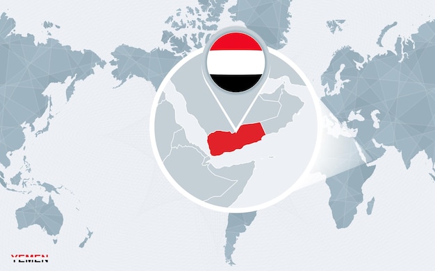 World map centered on america with magnified yemen