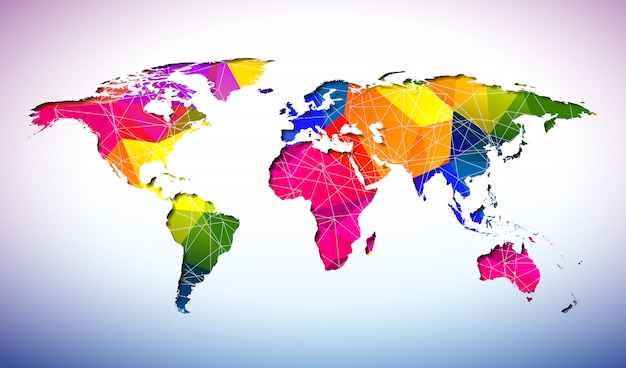 ベクトル 環境概念上の抽象的な幾何学的色の背景と世界地図の設計。