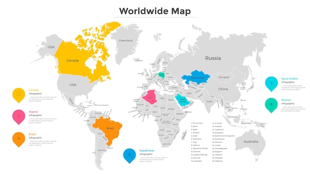 Mappa del mondo divisa in stati o paesi con confini moderni. indicazione del luogo di viaggio. modello di progettazione infografica. illustrazione vettoriale per revisione o relazione statistica, sito web turistico.