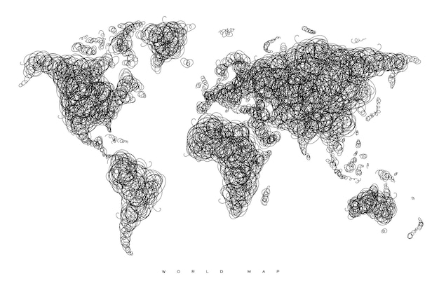 world map drawing with tangled black lines on white background