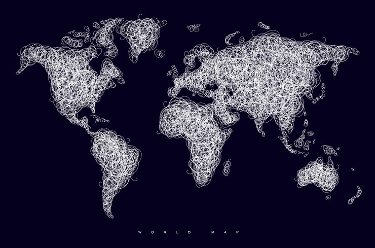 Vector world map drawing with tangled white lines on black background