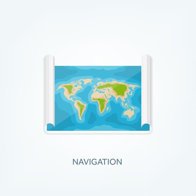 Mappa del mondo in stile piatto globo terrestre rotta di navigazione e icona di destinazione