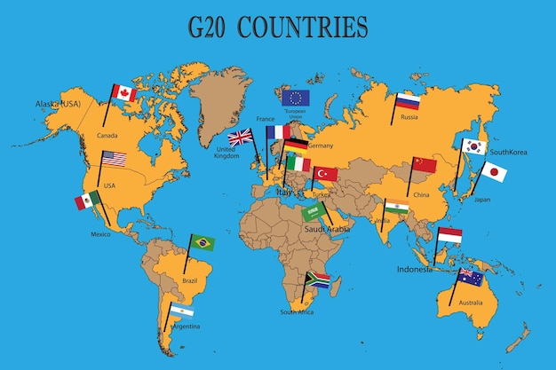 Vettore mappa mondiale dei paesi del g20 con bandiere membro del gruppo g20 di venti bandiere di paesi con nomi