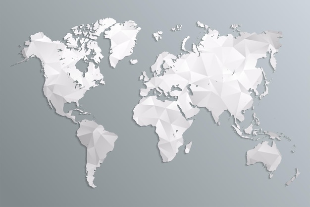 World map gray in polygonal style on dark background.