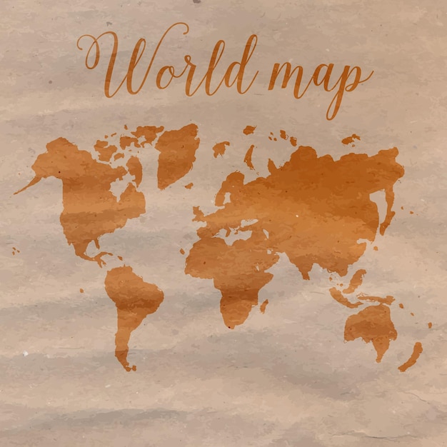 Vector world map hand drawn on brown craft paper. vector illustration.