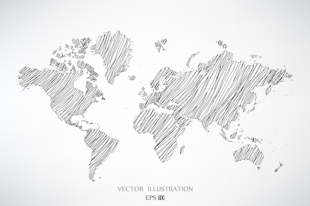 Vector world map handwriting grey doodle