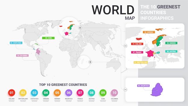 Illustrazione della mappa di mondo con i paesi colorati e le 0 nazioni più verdi infographics