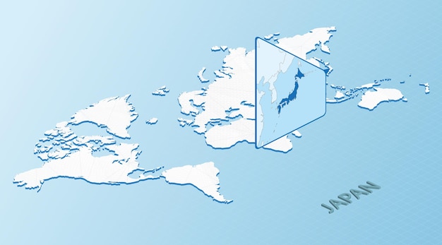 일본의 상세한 지도와 함께 이소메트릭 스타일의 세계 지도 추상적인 세계 지도와 함께 밝은 파란색 일본 지도