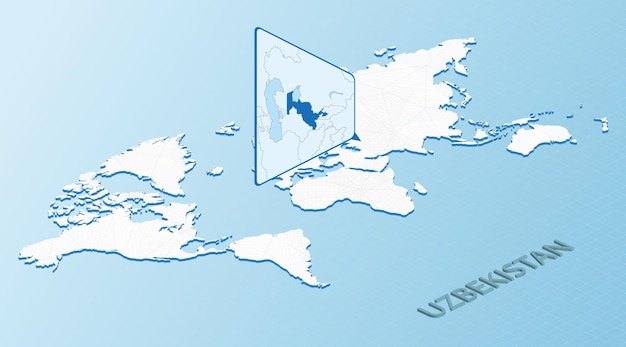 우즈베키스탄의 상세한 지도와 함께 이소메트릭 스타일의 세계 지도 추상적인 세계 지도와 함께 밝은 파란색 우즈베키스탄 지도