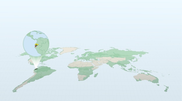 エクアドルの国旗と詳細な地図で国エクアドルの位置を示す遠近法での世界地図