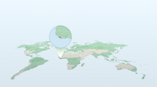 リベリアの国旗と詳細な地図で国リベリアの場所を示す遠近法での世界地図