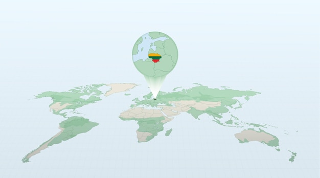Карта мира в перспективе, показывающая расположение страны литва с подробной картой с флагом литвы