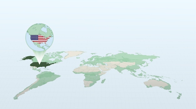 米国の国旗と詳細な地図で国米国の場所を示す遠近法の世界地図