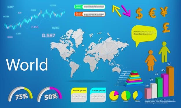 세계 지도 정보 그래픽 차트 기호 요소 및 아이콘 모음 고품질 비즈니스 인포그래픽 요소가 있는 자세한 세계 지도
