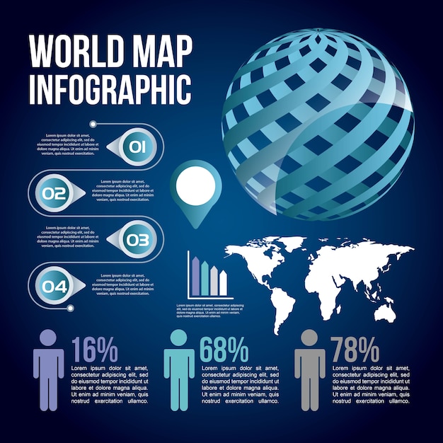 Vector world map infographic chart population blue background