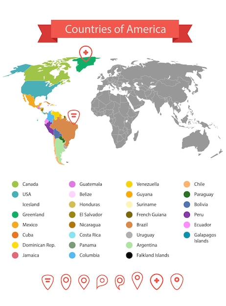 世界地図のインフォグラフィックテンプレート。アメリカの国々