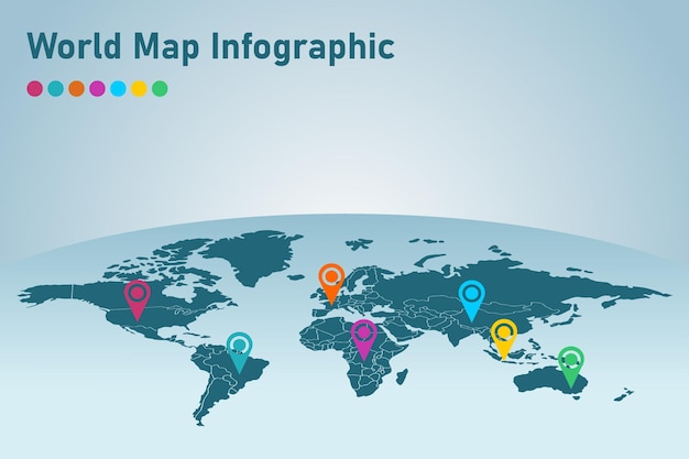 World map infographic with color pointers Vector illustration