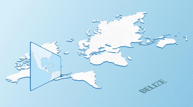벨리즈의 상세한 지도와 함께 이소메트릭 스타일의 세계 지도 추상 세계 지도와 함께 밝은 파란색 벨리즈 지도