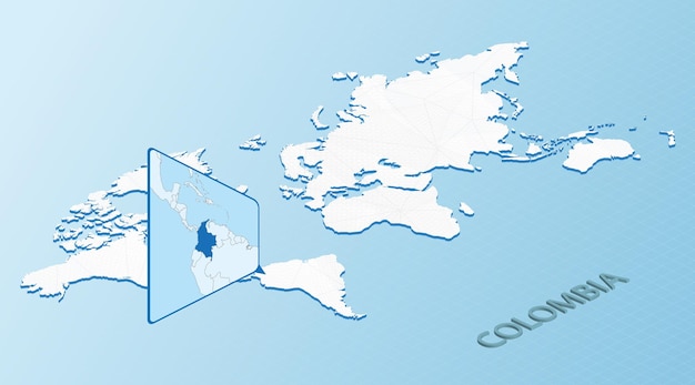 Mappa del mondo in stile isometrico con mappa dettagliata della colombia mappa della colombia azzurra con mappa del mondo astratta