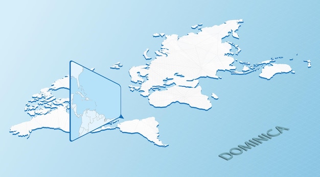 World Map in isometric style with detailed map of Dominica Light blue Dominica map with abstract World Map