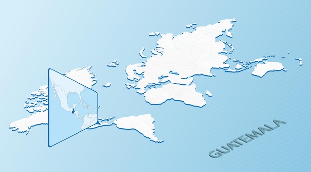 과테말라의 상세한 지도와 함께 이소메트릭 스타일의 세계 지도 가 ⁇ 운 파란색 과테말라 지도와 추상적인 세계 지도
