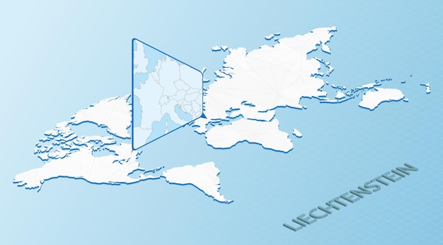 Карта мира в изометрическом стиле с подробной картой Лихтенштейна Голубая карта Лихтенштейна с абстрактной картой мира