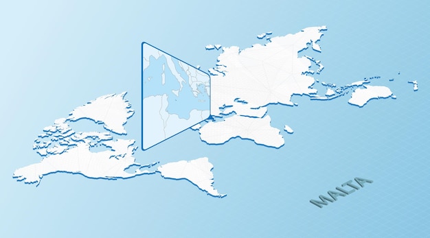 マルタの詳細な地図とアイソメ図スタイルの世界地図抽象的な世界地図と水色のマルタ地図