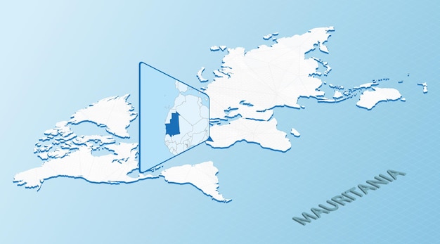 Mappa del mondo in stile isometrico con mappa dettagliata della mauritania mappa della mauritania azzurra con mappa del mondo astratta