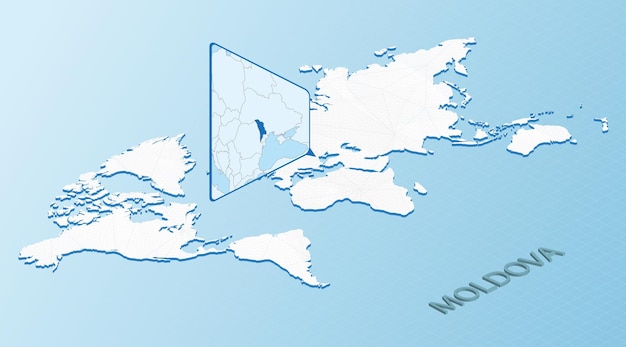 Карта мира в изометрическом стиле с подробной картой Молдовы Голубая карта Молдовы с абстрактной картой мира