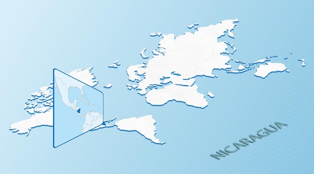 World Map in isometric style with detailed map of Nicaragua Light blue Nicaragua map with abstract World Map