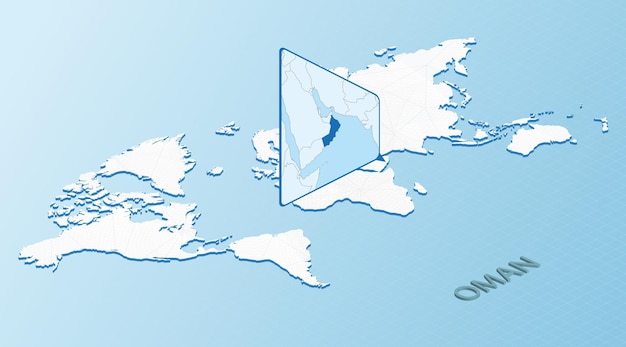 오만의 상세한 지도와 함께 이소메트릭 스타일의 세계 지도 추상적인 세계 지도와 함께 밝은 파란색 오만 지도