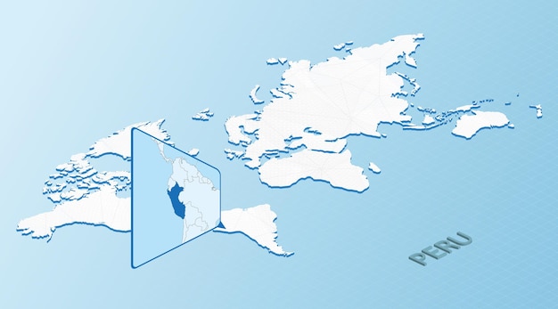 Mappa del mondo in stile isometrico con mappa dettagliata del perù mappa del perù in azzurro con mappa del mondo astratta