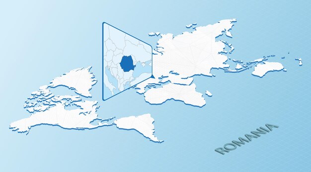 루마니아의 상세한 지도와 함께 이소메트릭 스타일의 세계 지도 추상적인 세계 지도와 함께 밝은 파란색 루마니아 지도